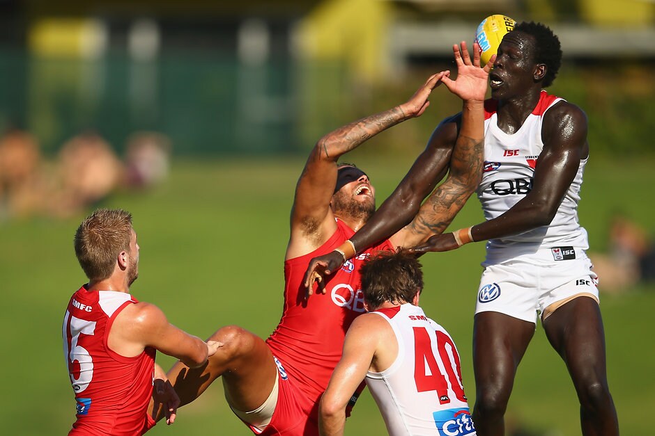 AFL 2016 Training - Sydney Intra-Club Match Lance Franklin and Aliir Aliir contest a mark during the Swans' intra-club match - ${keywords}